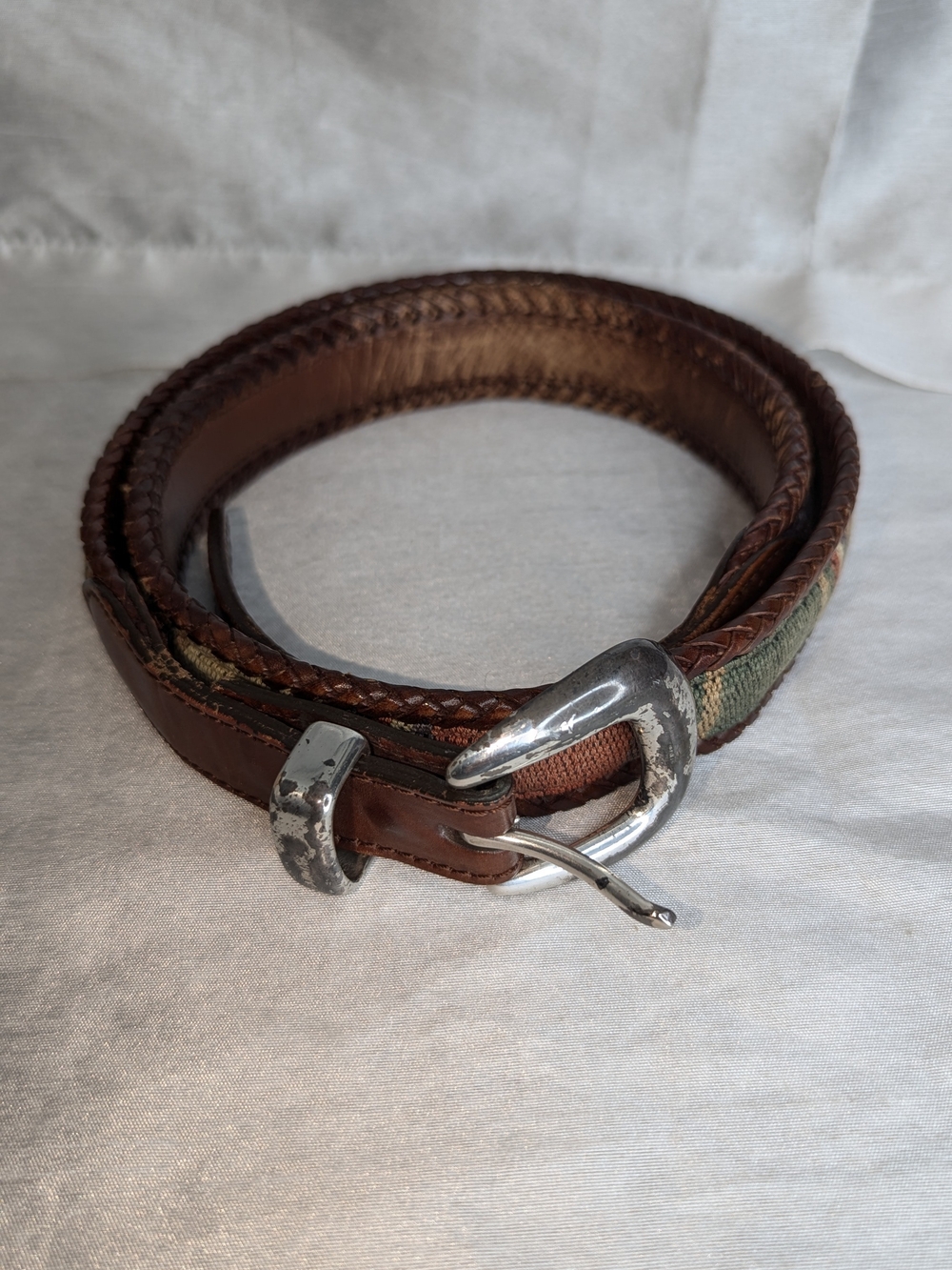 Brighton Santos Fabric Leather Men's Size 42 Buckle Belt 67506 Braided Egde